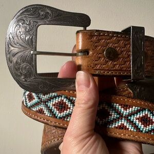 Ralph Harris Leather Vintage Native Beaded Toem Overlaid Sterling Buckle